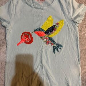Mini Boden Light Blue T-Shirt with Colorful Hummingbird sequin appliqué 9-10